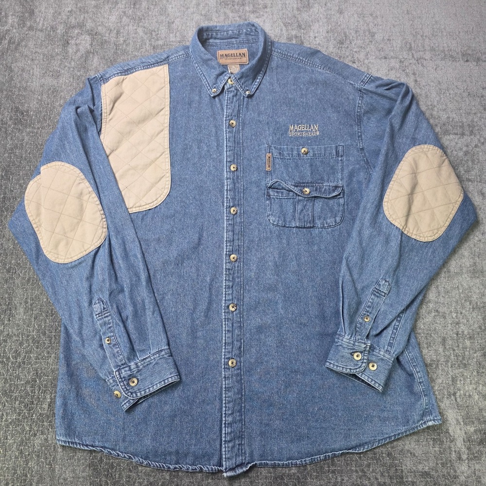 Magellan Sportswear Mens XL Blue Denim Shooting Shirt Quilted Patched Hunting